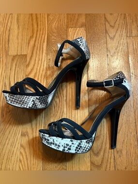Bebe Snakeskin and Black Strappy High Heel Sandals with Ankle Strap, Size 7